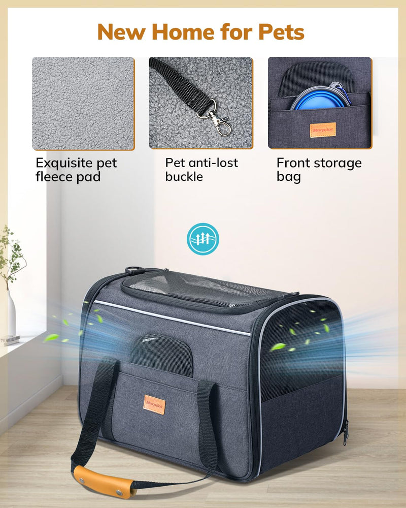Morpilot Cat Carrier Soft - Portable Pet Carrier for Small or Medium Cats, Dogs and Puppy up to 14lbs, Airline Approved Dog Carrier with Safety Buckle and Foldable Bowl - 17 x 11 x 12 Inch (Dark Gray) 17.2"L x 10.8"W x 11.6"H Gray & Bowl - PawsPlanet Australia