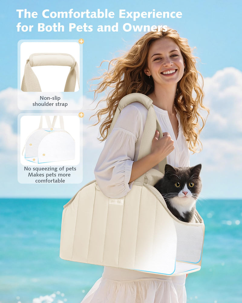 Pecute Cat Purse Carrier, Lightweight Cat Carriers for Small Cats with Large Pockets, Cat Soft-Sided Carriers up to 6.6lbs, Pet Carrier for Kitten, Suitable for Travel, Subway, Cream 16.9"L x 8.5"W x 10.6"H