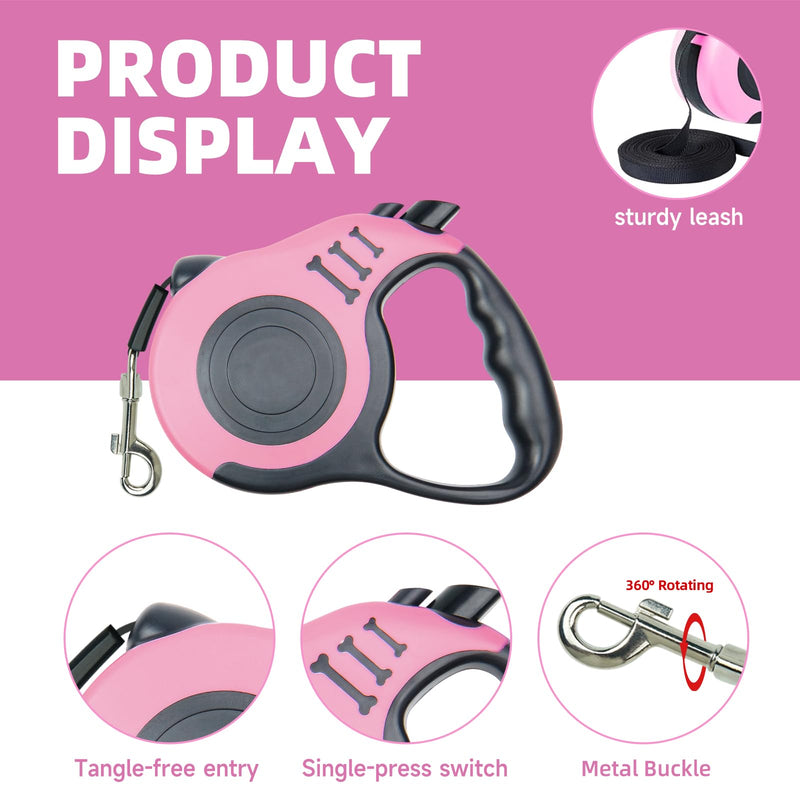 Retractable Dog Leash 10FT Sturdy, Easy to Operate, Ideal for Daily Walks, with Folding Bowl, Dispenser, Rubbish Bags, Fur Memorial Keychain, Great for Small and Medium Dogs(Pink) Pink - PawsPlanet Australia