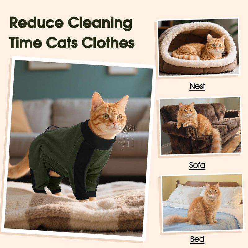 DENTRUN Cat Clothes with Anti-Shedding Fabric - Soft Recovery Suit & Breathable Lint-Resistant Cat Sweater for Wound Care & Hair Control, Kitten Onesie Pajamas, XXL, Army Green XX-Large - PawsPlanet Australia