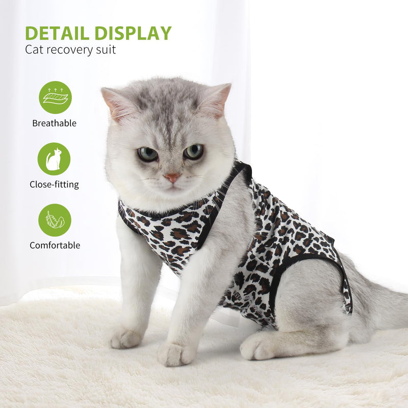 2 Packs Cat Surgery Recovery Suit Surgical Clothes Abdominal Wounds Anti-Licking Cat Bodysuit Onesie Substitute E-Collar& Cone Small Leopard + Pink Love Leopard
