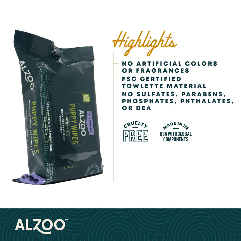 ALZOO Grooming Wipes for Puppies, 100% Plant-Based Active Ingredients, 100 Count Puppy Wipes - PawsPlanet Australia