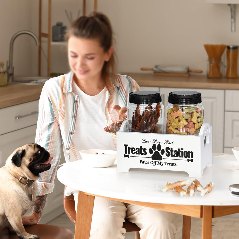 Dog Treat Container Dog Food Container for Dog Food Storage, Farmhouse Cat Food Container Pet Food Storage Organizer, Wood Dog Treat Holder with 2 Plastic Cat Dog Treat Jars, White Cat Treat Container White-2 Plastic Jars - PawsPlanet Australia