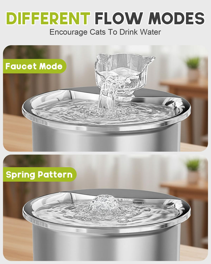 2L Stainless Steel Cat Water Fountain - Pet Drinking Fountain for Cats with 4 Replacement Filters, Cute Cat Head Water Outlet, Visible Water Level Dispenser & Window, Quiet Cats Drinker silvery