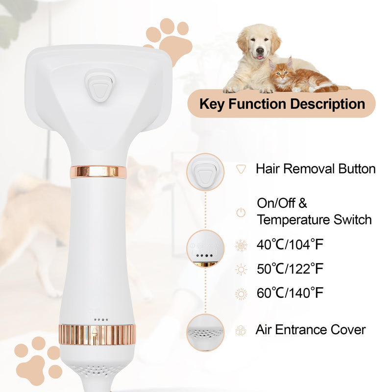 2-in-1 Dog Blow Dryer with Grooming Brush, 3-Speed Adjustable Pet Hair Dryer for Home/Salon, Low Noise High Velocity Blow Dryer for Dog, 300 Watts, Overheat Protection, Portable Rose Gold - PawsPlanet Australia