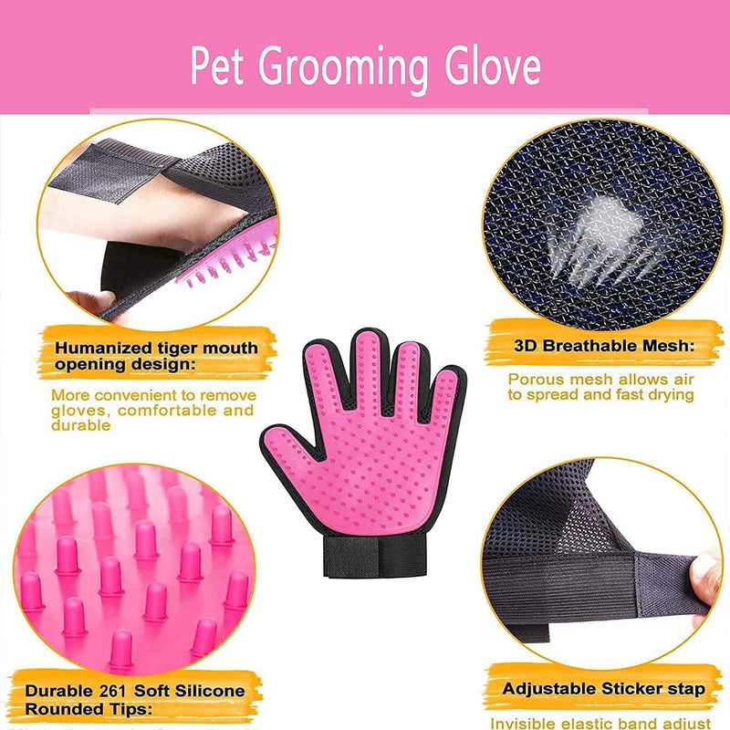 BYETOO Pet Dog Cat Grooming Glove with 261Tips,Gentle Deshedding Brush Glove,Efficient Pet Hair Remover Mitt,Massage Tool with Enhanced Five Finger Design,for Dog,Cat,Rabbit,Horse with Long/Short Fur Pink - PawsPlanet Australia