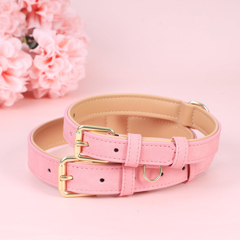Leather Dog Collar for Small Medium Large Dogs, Soft Padded Dog Leather Collar with Heavy Duty Gold Buckle, Durable & Comfortable for Large Dogs Daily Walking (Pink, L) L:Neck 15-20.5’’, Width 1.0’’ Pink - PawsPlanet Australia