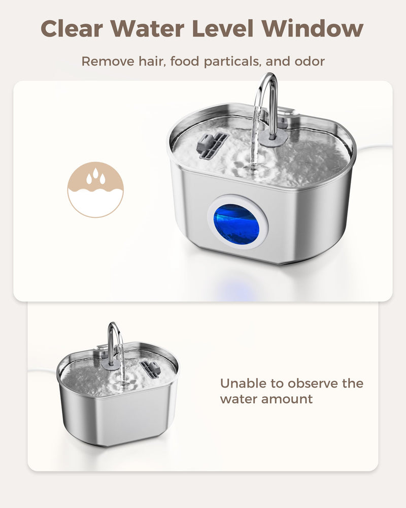 Cat Water Fountain Stainless Steel: 74oz/2.2L Cat Fountain for Drinking- Pet Water Fountain Inside - Automatic Dog Watering Dispenser Bowl - Pet Feeding & Watering Supplies - Water Level Window 74oz Cat Fountain + 1 Filter - PawsPlanet Australia