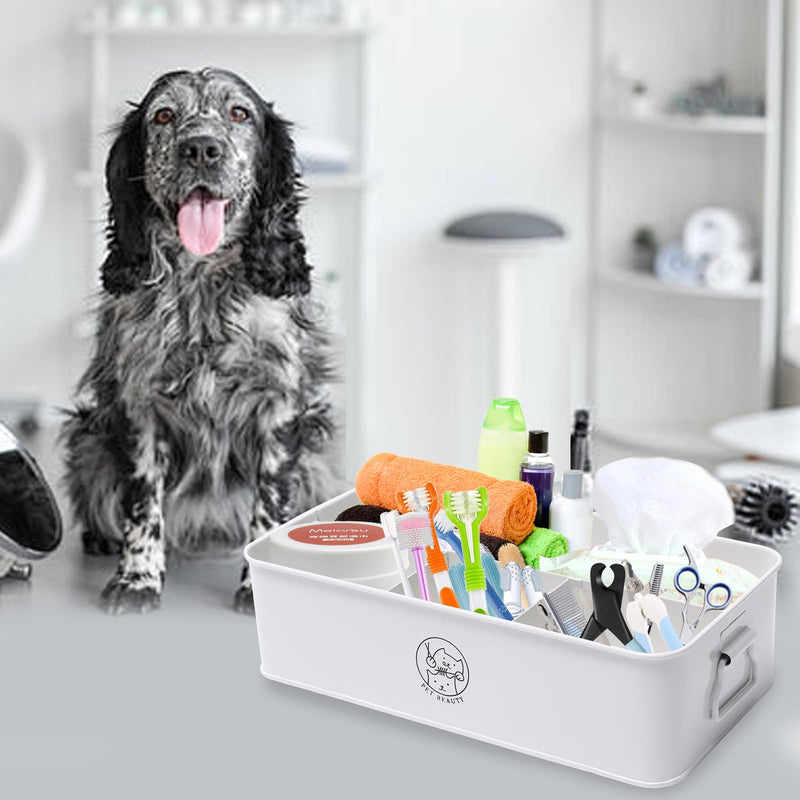 Premium 4-Compartment Dog Grooming Organizer,Metal Caddy for Pet Stuff with Handle-Powder Coated Storage Bin for Dog Cat Grooming Kit,Clippers,Brushes,Scissors & Supplies-White - PawsPlanet Australia