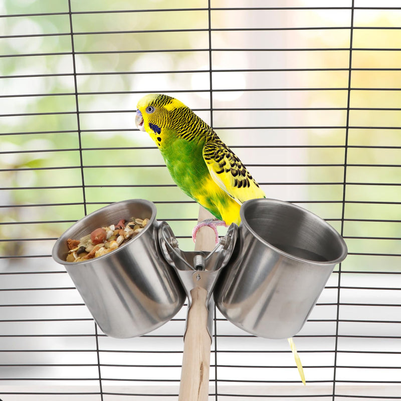 Hypeety Bird Parrot Feeding Double Cups Stainless Steel Food Water Bowls with Clip Bird Seed Feeder Cups Hanging Bowl Cage Stand Accessories - PawsPlanet Australia
