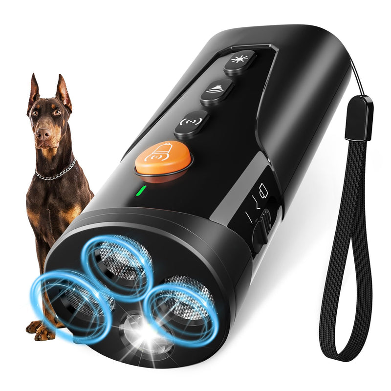 Dog Bark Deterrent Device, 3X Ultrasonic Anti Barking Device 6 Modes Dog Trainer Rechargeable & Portable Safe Bark Control Indoor Outdoor for All Dogs with LED Flashlight - Black