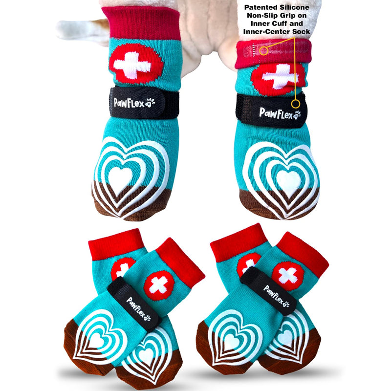 Medical First-Aid Double Sided Anti-Slip Cotton Dog Socks | PawFlex Comfy Pawz Silicone Nonslip at Inner Cuff for No Twisting or Sliding Off | Pet Paw Protection |Wound Care | Traction Control Medium Teal First Aid