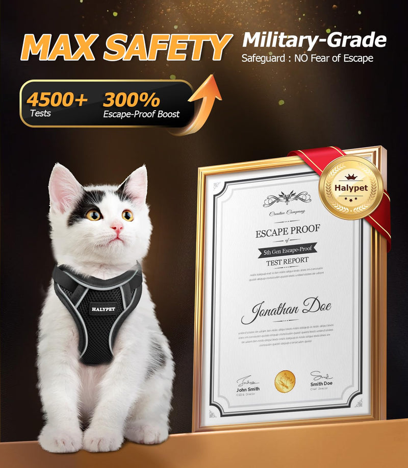 Halypet Cat Harness and Leash Set - MAX Safety 4th-Gen Upgrade, Escape Proof, Adjustable, Comfortable Soft Vest, Easy to Wear Kitten Harness with Reflective Strip for Cats Walking - Small Black H600 Pro Black Small (7-12lb) - PawsPlanet Australia