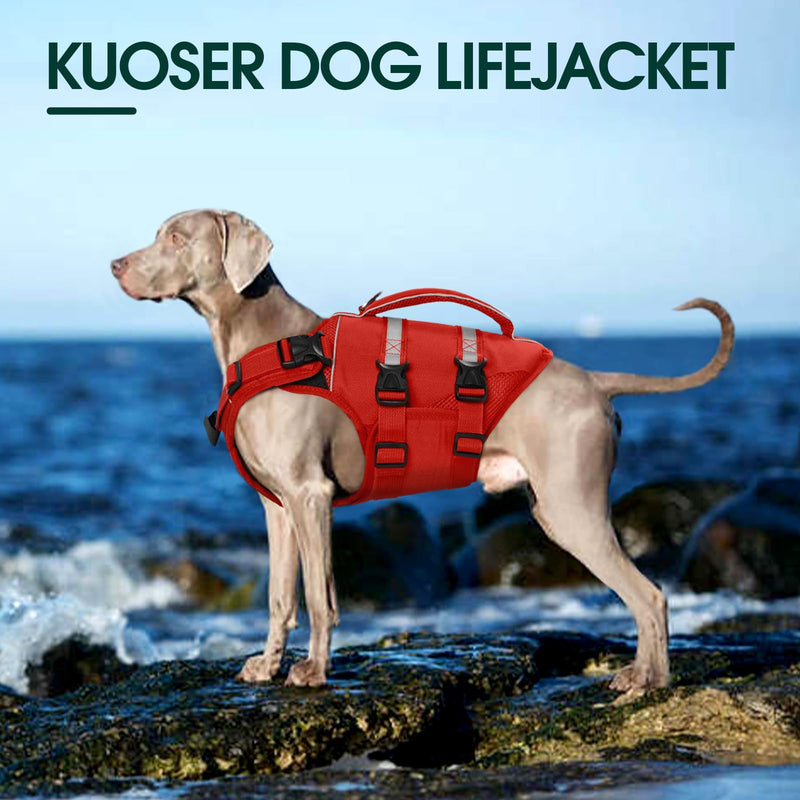 Kuoser Dog Life Jacket, High Flotation Dog Life Vest for Swimming Boating, Adjustable Ripstop Dog Lifesaver for Small Medium and Large Dogs, Reflective Safety Pet Life Preserver with Rescue Handle Small (Chest Girth:16.93-21.26'') A-Red - PawsPlanet Australia
