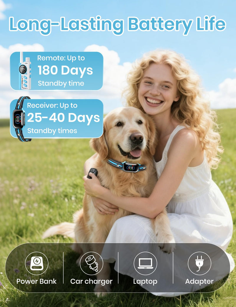 Smart 2-in-1 Dog Shock and Bark Collar - AI Anti-Misoperation, 3300FT Remote Training Collar, IPX7 Waterproof, 4 Modes (Tone, Vibration, Safe Shock, Auto Anti-Bark) for Dogs Blue - Blue - PawsPlanet Australia