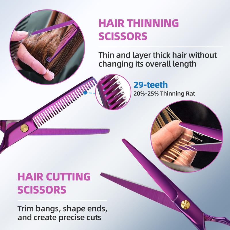 Professional Hair Cutting Scissors - 9 PCS Haircut Scissors Set with 29-Tooth Thinning Shears and Straight Shears for Men Women Home Salon Barber (6.5", Purple) 2-scissors set - PawsPlanet Australia