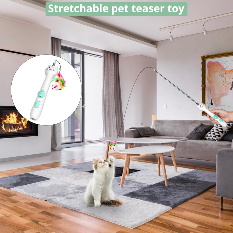 Cat Toy Interactive, Rechargeable Laser Pointer, Cat Wand with Feather Toy, 2-in-1 Cat Toy for Indoor Cat, Kitten Pet Laser Toy for Fun Playing, White - PawsPlanet Australia