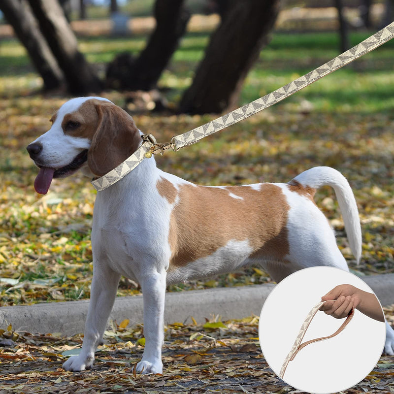 Dog Leather Collar and 4 ft Leash, KUDES Adjustable Basic Collar with Bell Leather Pet Leash Set, Checkered Pattern Durable Leather Collar and Leash with Metal Buckle for Small Medium Large Dogs S(Neck 10-12" ,Width 0.6") Beige