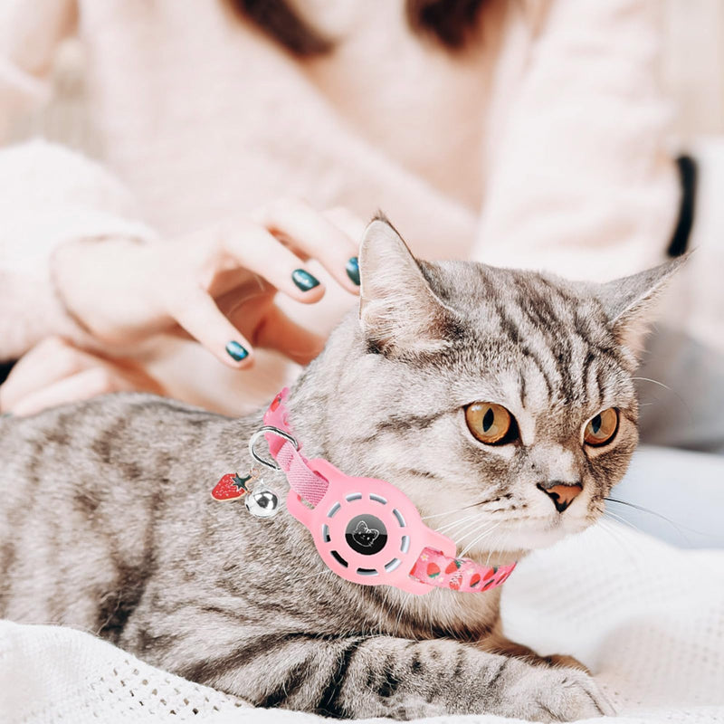 BINGPET AirTag Cat Collar with Bells, Upgraded Safety Elastic Cat Collar with Airtag Cat Collar Holder, Anti-Lost Cat Collars for Girl Boy Cats, Anti-Suffocation Kitty Puppy Collars Pink - PawsPlanet Australia