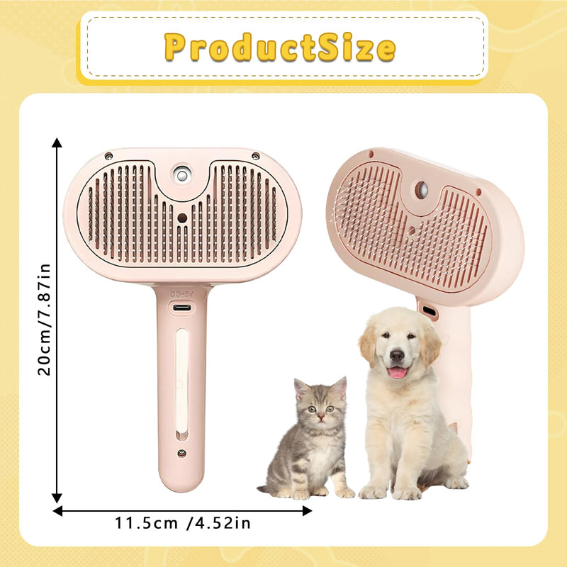 Cat Steam Brush for Grooming, Magic Wand for Pet Hair, Dog Steam Grooming Brush, 3 in 1 Massage Brushes with Handle, Suitable for Most Long and Short-Haired Pets, with a Flea Comb Pink