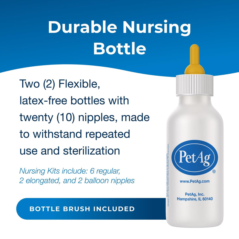 Pet-Ag Nursing Kit - 2 oz, Pack of 2 - Promotes The Natural Feeding of Liquids to Baby Animals - Each Kit includes 2 oz. Bottle with Cap, 5 Nipples & Cleaning Brush