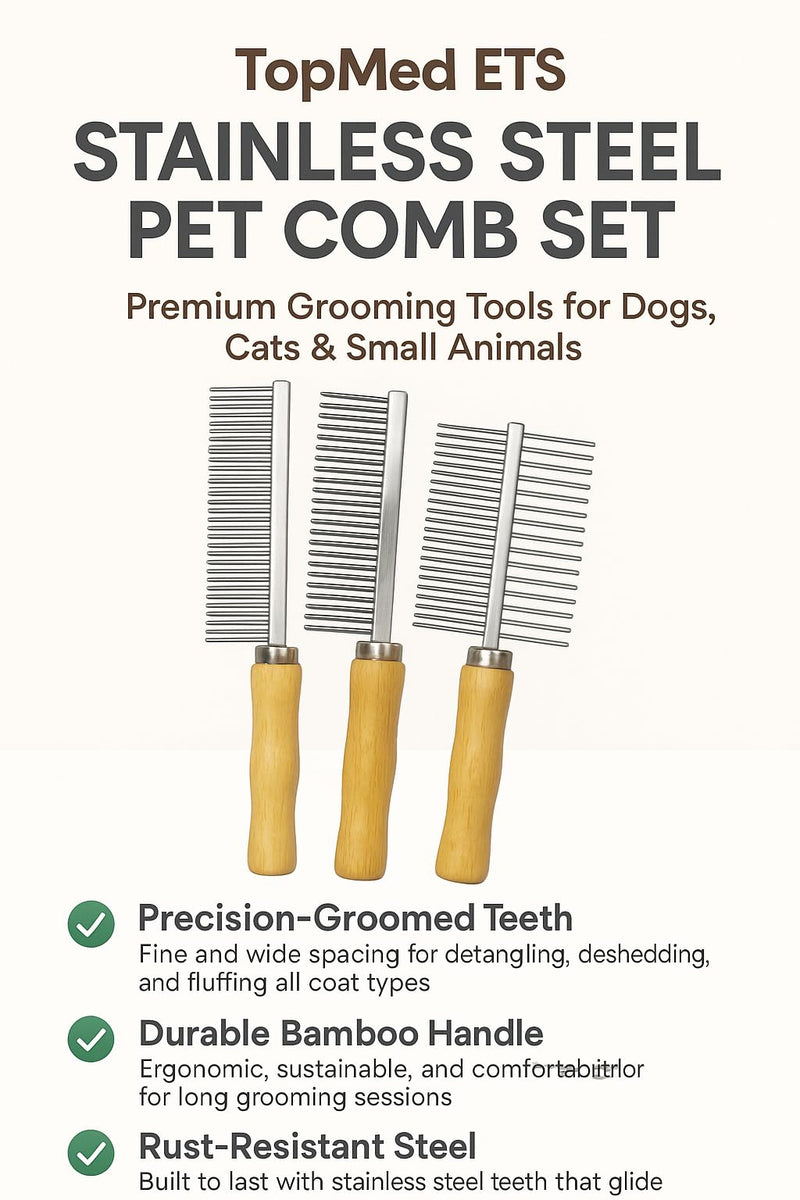 TopMed ETS Set of 3 Stainless Steel Pet Hair Comb, Wooden Handle of Bamboo Proven Grooming Tools Kit for Dogs Cats and Other Animals