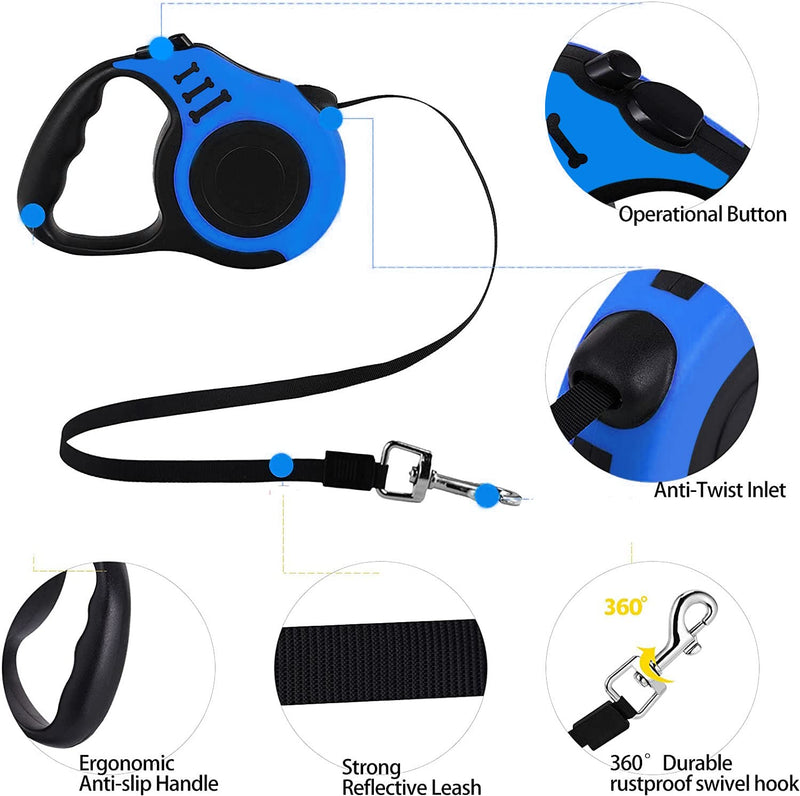 Retractable Dog Leash,Heavy Duty Dog Leash Retractable,Dog Walking Leash for Small Dog or Cat up to 26 lbs,360° Tangle-Free Strong Nylon Tape,Anti-Slip Handle,with Waste Bag Dispenser(16FT Blue) 16FT - PawsPlanet Australia