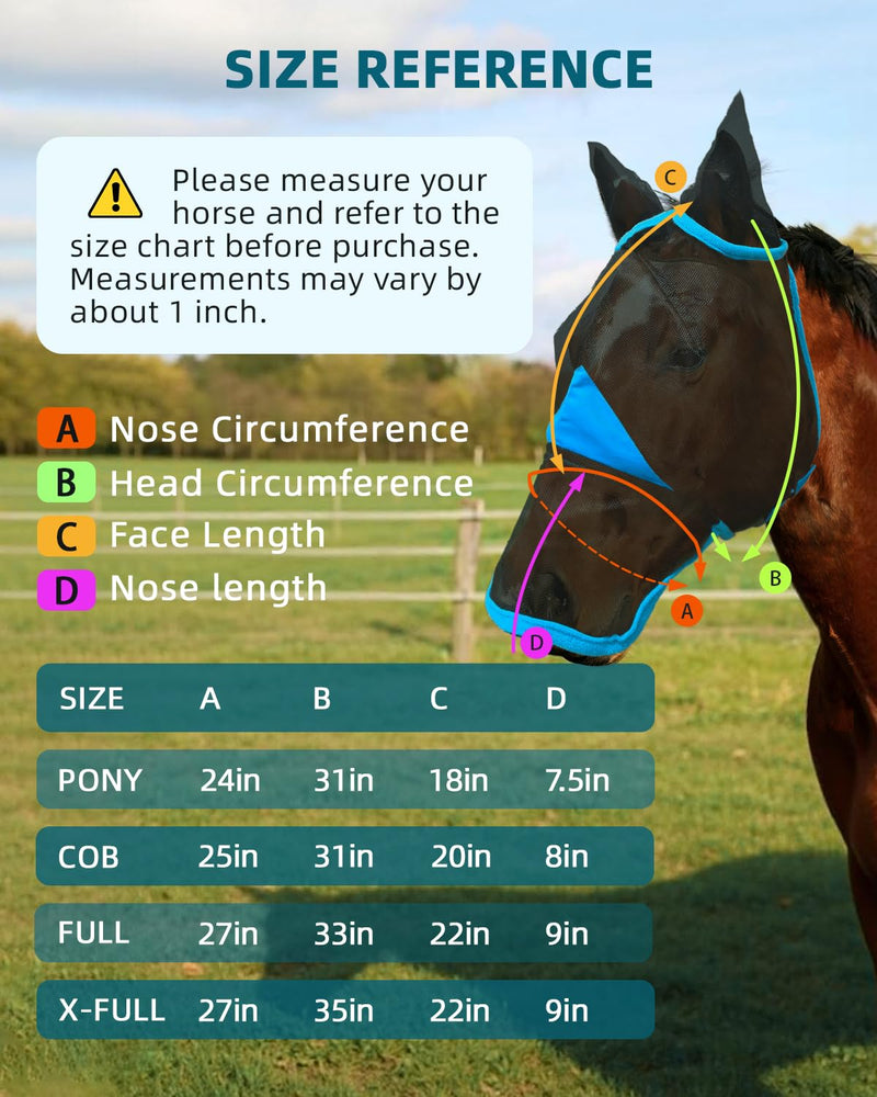 Hilltown Horse Fly Mask with Ears and Nose Cover - Large Eye Space, Full Face UV-Block, Breathable Mesh, Adjustable Fit, Soft Fleece Trim for Grazing, Riding & Daily Use - Pony, Blue