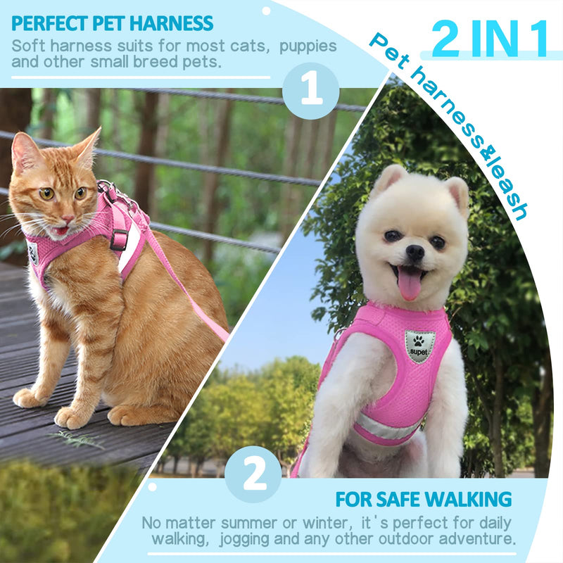 Supet Cat Harness and Leash Set - Soft Mesh Adjustable Cat Vest Harness with Reflective Strap for Walking Cat and Puppy Rabbit L (Chest: 15.0" - 17.0") Pink - PawsPlanet Australia