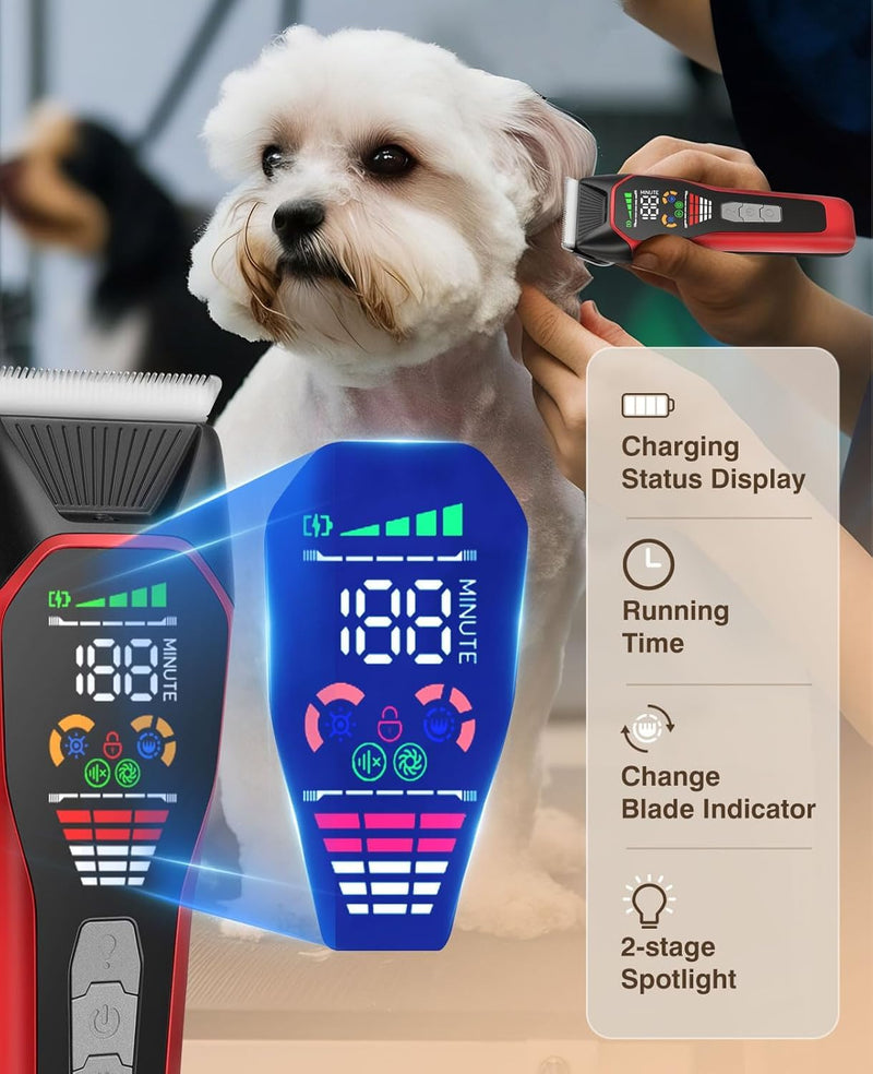 Professional Dog Grooming Clippers for Thick Heavy Coats,Type-C Rechargeable 2-Speed Dog Clippers with Spotlight Digital Display,Waterproof Cat Clippers for Small & Large Animals (Red-Black) Red-black