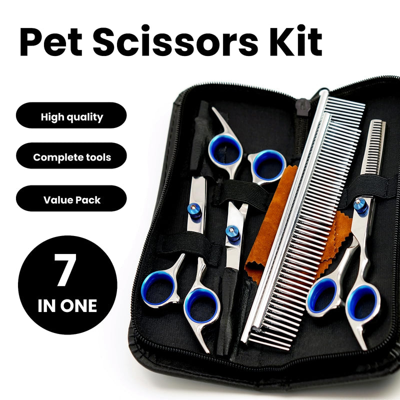 7 in 1 Dog Grooming Scissors Set with Safety Round Head, Sharp and Durable, with Two Stainless Steel Combs, Pet Grooming Scissors for Cats and Dogs - PawsPlanet Australia