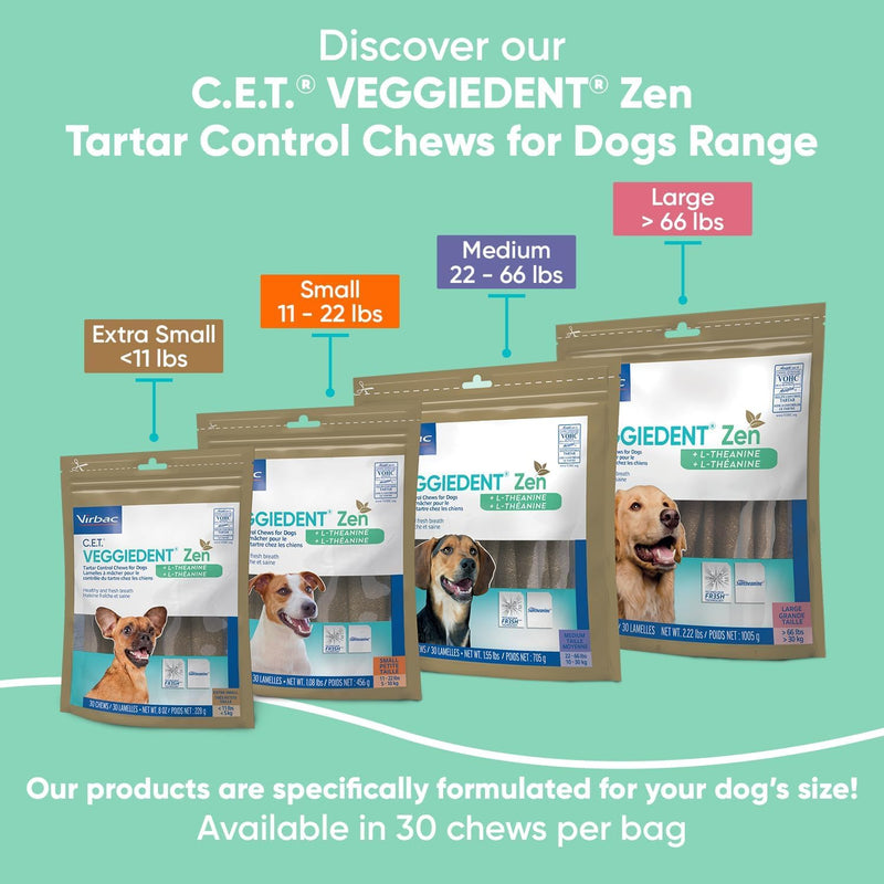 Virbac C.E.T.® VEGGIEDENT® Zen Tartar Control Chews for Dogs - Multifunctional to Support Mental Well-Being, VOHC Approved - Extra Small Under 11lbs X-Small (Pack of 30) - PawsPlanet Australia