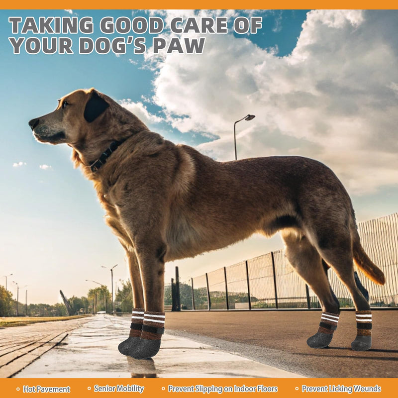 KOOLTAIL Anti Slip Dog Socks to Prevent Licking Paws for Hot/Clod Pavement, Waterproof Long Snow Dog Boots&Paw Protectors with Straps Traction Control for Hardwood Floor for Small Medium Large Dogs Brown with Paw Pattern - PawsPlanet Australia
