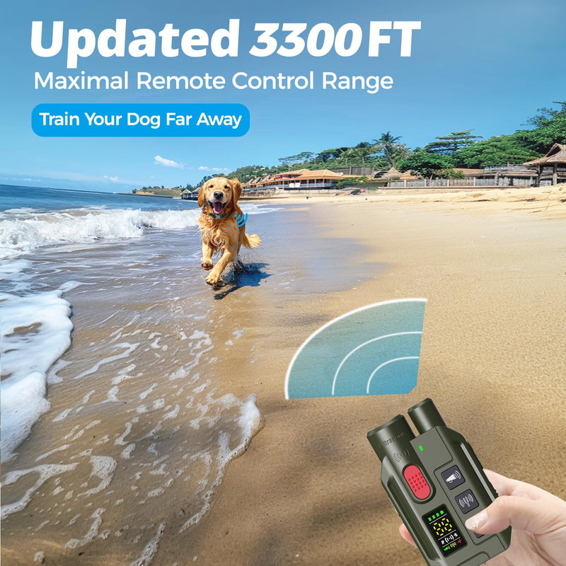 Dog Shock Collar with Remote – 3300ft Range, Waterproof & Rechargeable, Adjustable Beep, Shock, Vibration & Ultrasonic Modes, Dog Training Collar for Obedience & Behavior Control Army Green - PawsPlanet Australia