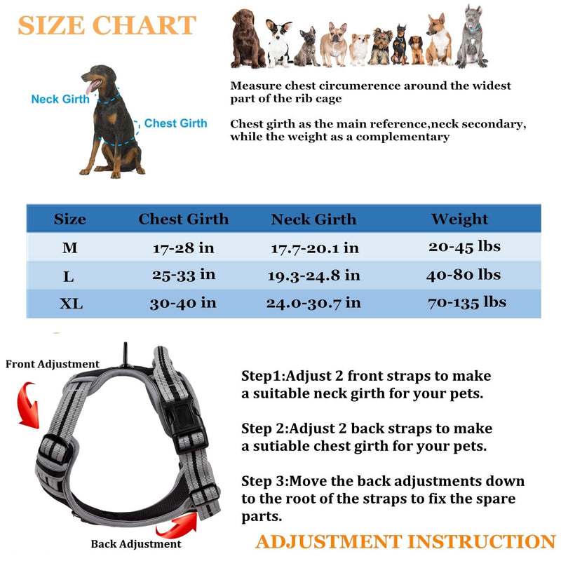 Coohom No Pull Dog Harness with Handle and Two Leash Attachments,Adjustable Outdoor Pet Harness with Reflective Oxford Material for Small Medium Large Dogs L Pink 3 Buckles - PawsPlanet Australia