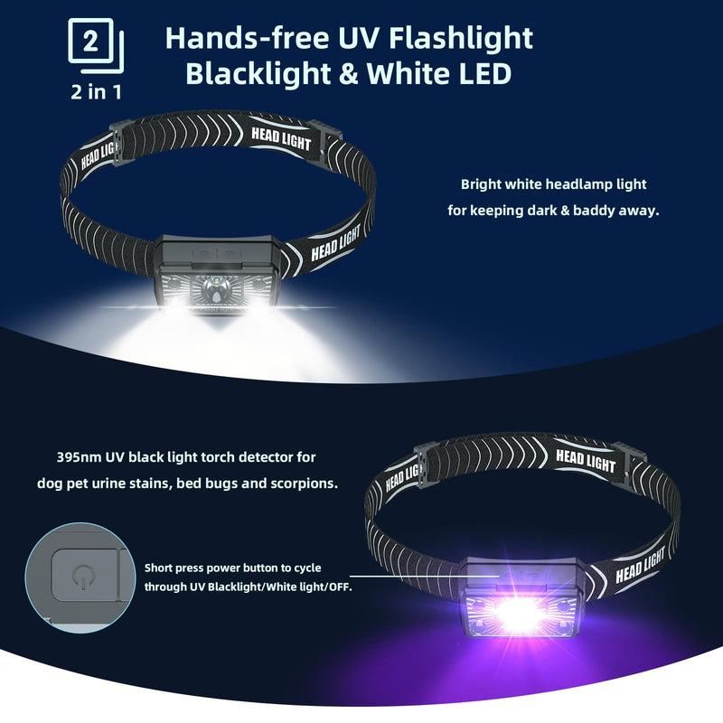 SEVENKA 2 UV Headlamp Flashlight Black Light, Rechargeable LED Hand Free Mini UV Blacklight 395nm Head Light with White & Ultraviolet Light, Detector for Pet Dog/Cat Urine Stains,Bed Bug,Scorpions - PawsPlanet Australia