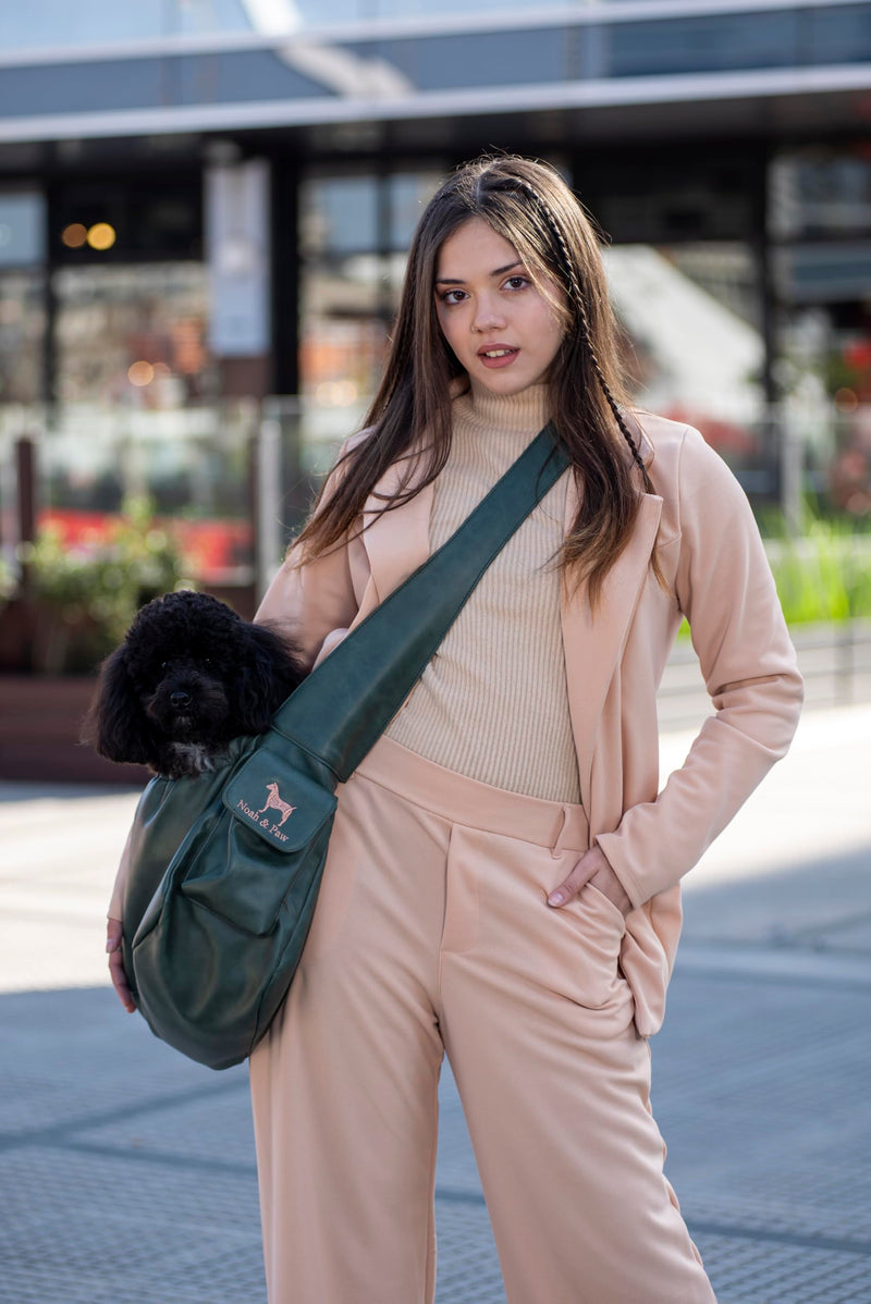 Noah & Paw Dog Sling Carrier for Small Dogs 5-18lb, Dog Sling for Small Dogs and Cats, Dog Carrier with Adjustable Padded Strap, Vegan Leather Lined with Fur, Double Safety Feature, Machine Washable Dark Green 18.0"L x 10.0"W x 6.5"H - PawsPlanet Australia