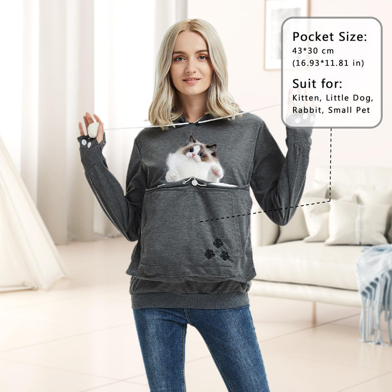 XUDREZ Unisex Big Pouch Hoodie Long Sleeve Pet Dog Holder Carrier Sweatshirt Hooded Pocket Kangaroo Hoodie 3X-Large Dark Grey - PawsPlanet Australia