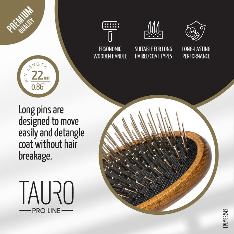 TAURO PRO LINE Wooden Dog Brush for Detangle Long and Short Hair, Wooden Soft Massage Brush for Grooming Haired Dogs and Cats, Flexible Cushion and Non-Slip Grip, Oval, 8,66 x 2,36 inch, Brown Oval S - PawsPlanet Australia