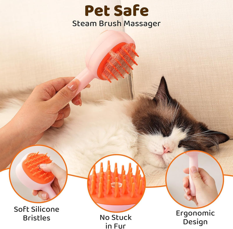 Steam Cat Brush, 6-in-1 Dog Brush Spritz Defur Comb with Pet Waterless Shampoo, Steamy Skin Friendly Deshedding Grooming Tool, Suitable for Shedding & Haired Pets, Pet Supplies Accessories, Pink Pink, Shampoo - PawsPlanet Australia