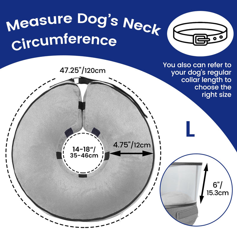 BARKLESS Inflatable Dog Cone Collar, Soft Dog Donut Collar After Surgery, 2-in-1 Dog Cone Alternative with Detachable Anti-Licking Shield, Soft Cone for Dogs Does Not Block Vision L Grey