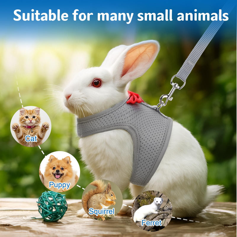 Rabbit Harness and Leash Set,Bunny Leash for Walking Escape Proof,Bunny Clothes with Cute Bow Mesh Breathable Adjustable Vest Rabbit Harness Camping Hiking Training for Ferret Kitten Puppy (Grey M) - PawsPlanet Australia