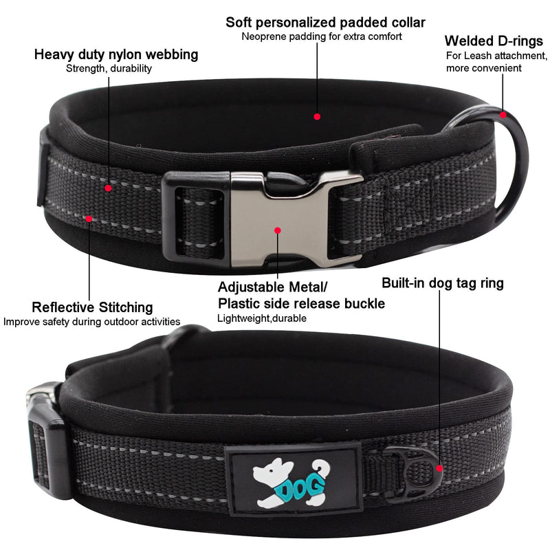 Nylon Padded Dog Collar Soft Adjustable Reflective Wide Pet Collars for Small Medium Large Dogs, Black, S