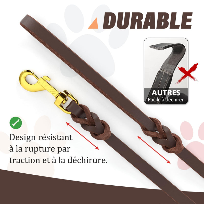Short Leather Dog Leash 2.5ft/61cm Genuine Leather Dog Lead with Soft Handle Dog Leash for Walking & Training Strong and Durable for Small Medium Dogs, Brown