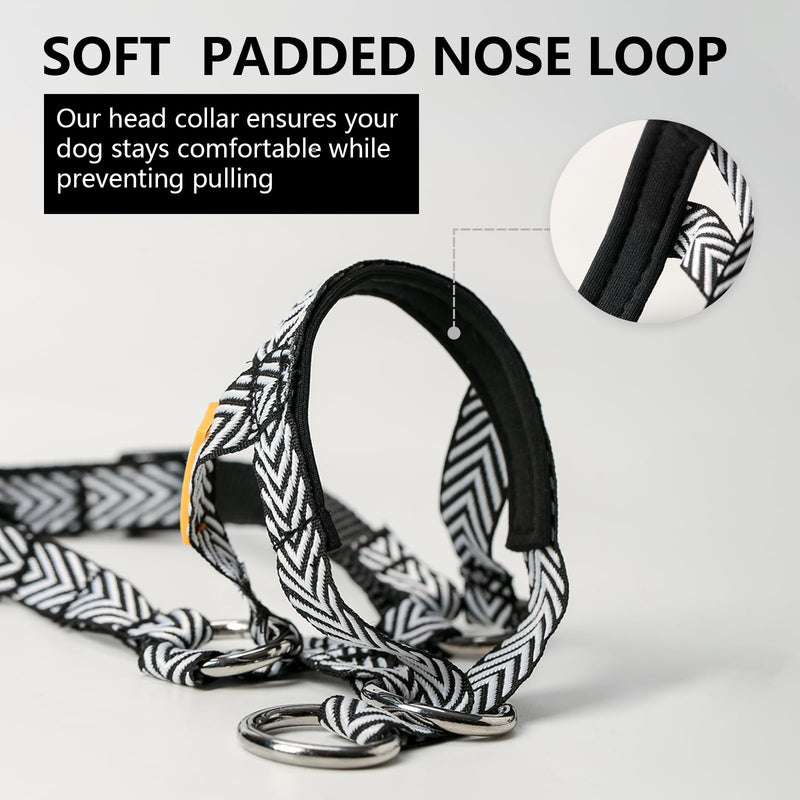 Gentle Dog Head Collar with Soft Nylon, No-Pull Padded Head Halter with Stripes, Adjustable Nose Leash for Safe Easy Walking Control(M,Black) M Black - PawsPlanet Australia