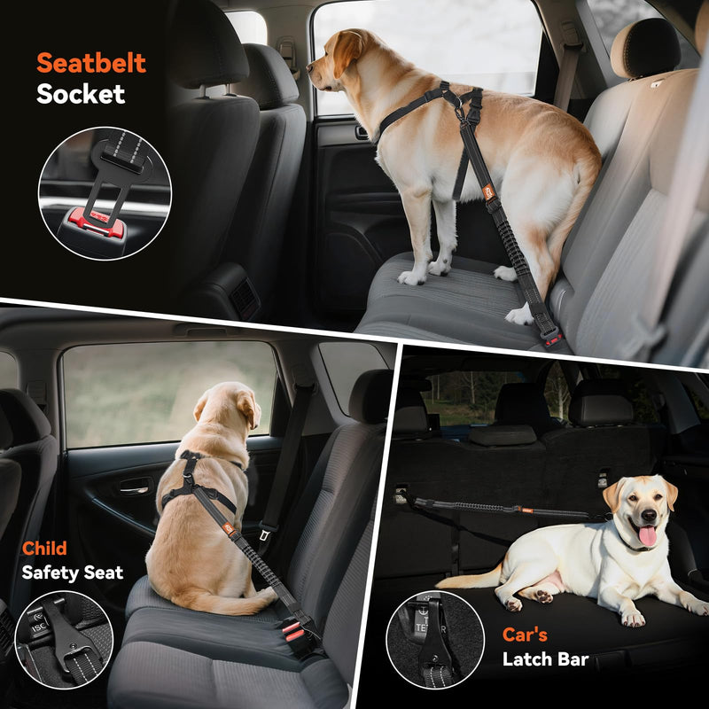 Dog Seat Belt, Dog Car Seat Belt Bungee, Car Harness for Pet with Buckle & Hook Latch, Safety Leash Vehicle, Adjustable Reflective Pet Vehicle Tether, 360° Swivel Lock Clasp, Black 1pc - PawsPlanet Australia