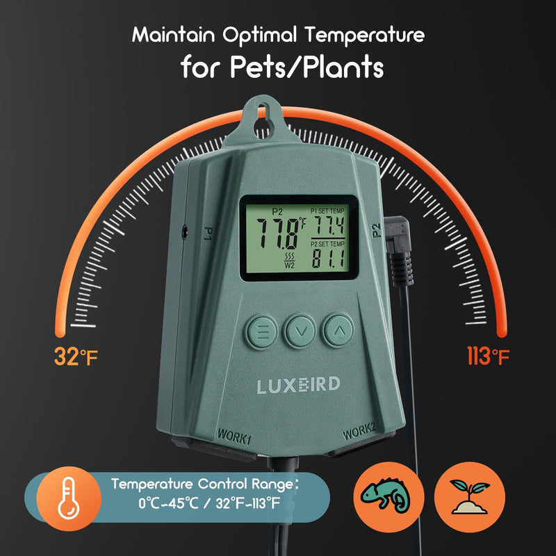 LUXBIRD Reptile Thermostat Controller (250w Per Outlet), Digital Thermostat for Turtles, Lizards, Frogs, and Other Reptiles - PawsPlanet Australia