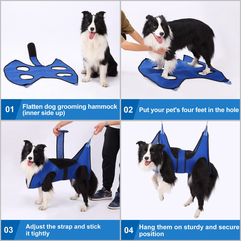 Kkiimatt Dog Grooming Hammock,Pet Hammock Harness for Medium Dogs/Giant Cats, Nail Trimming with Clippers/File, Sling Wide Strap Sewed on Pet Restraint Bag, Blue Medium 40 LB Max/Blue M