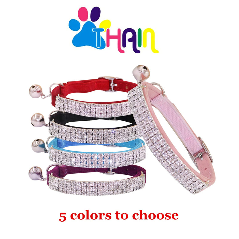 THAIN Rhinestones Cat Dog Collar Soft Velvet Safe Adjustable Collar Bling Diamante with Bells, 8-11 inch for Small Dogs and Cats (Pink) Pink