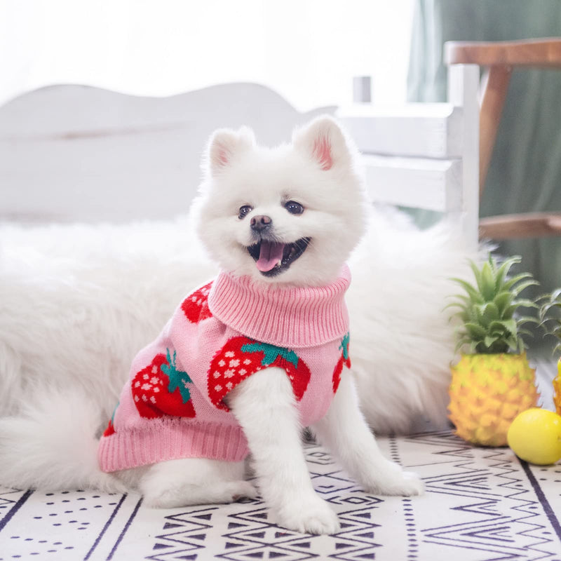 SCIROKKO Dog Sweaters for Small Dogs - Cute Girl Dog Clothes Knitwear Warm Puppy Winter Sweater, Pink Strawberry S/M (Chest 20", Back 16") - PawsPlanet Australia